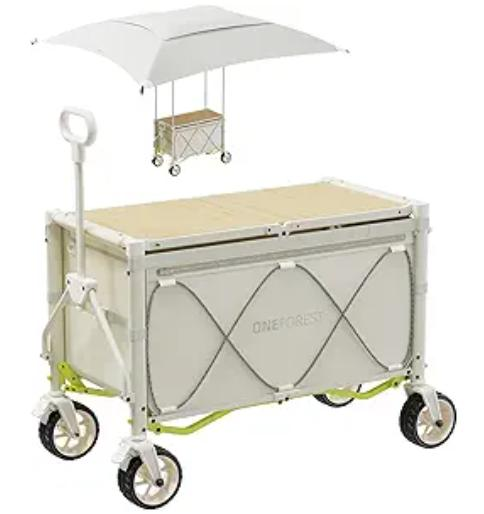 Klappbarer Bollerwagen mit Dach und Tischfunktion – faltbarer Transportwagen für Camping, Strand und Garten