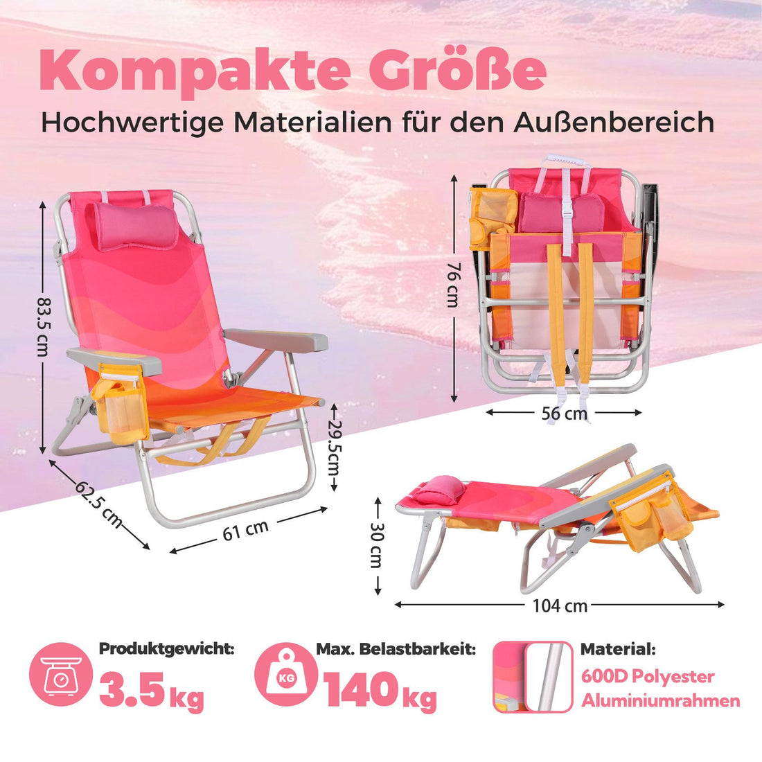 Strandstuhl klappbar aus Aluminium – Campingstuhl mit Kühlfach, Kopfkissen und verstellbarer Rückenlehne