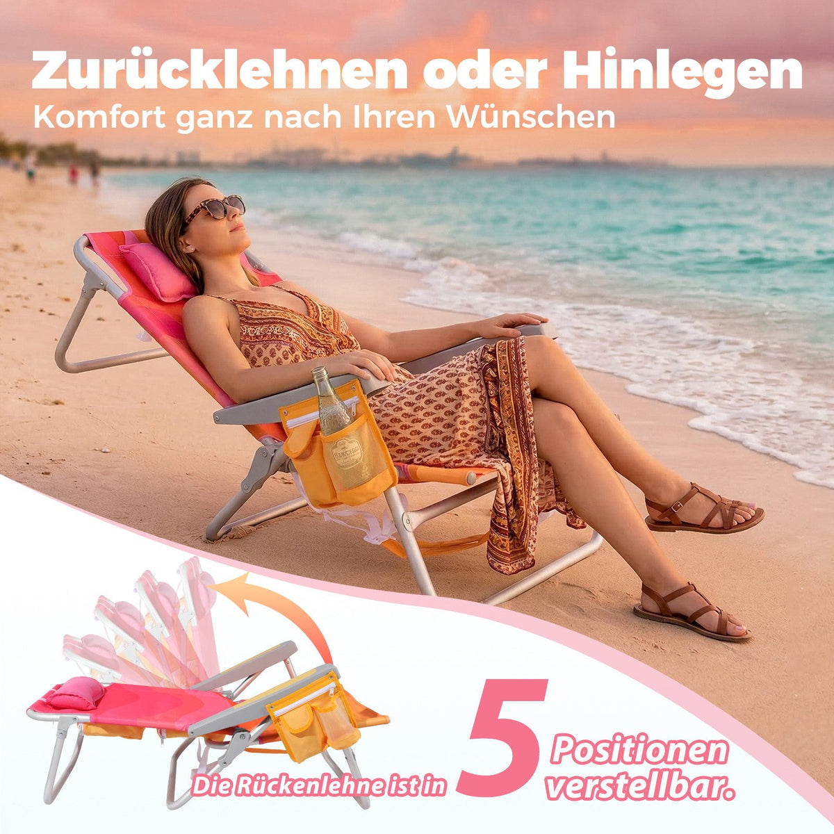 Strandstuhl klappbar aus Aluminium – Campingstuhl mit Kühlfach, Kopfkissen und verstellbarer Rückenlehne