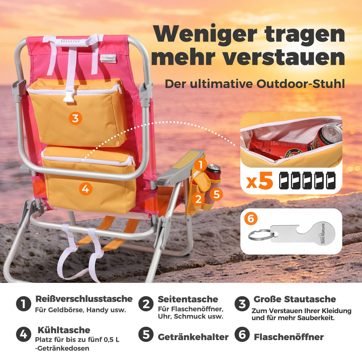 Strandstuhl klappbar aus Aluminium – Campingstuhl mit Kühlfach, Kopfkissen und verstellbarer Rückenlehne