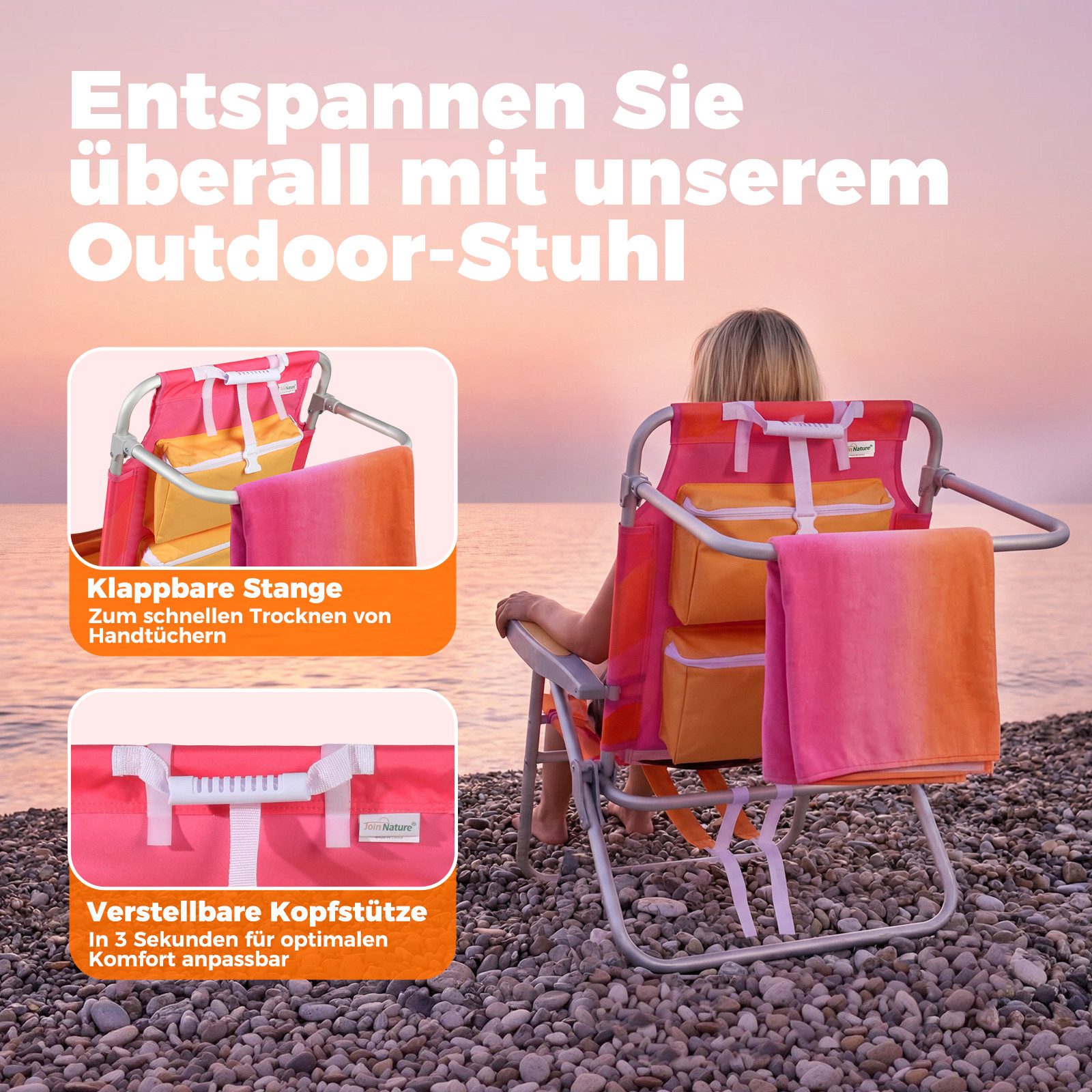 Strandstuhl klappbar aus Aluminium – Campingstuhl mit Kühlfach, Kopfkissen und verstellbarer Rückenlehne
