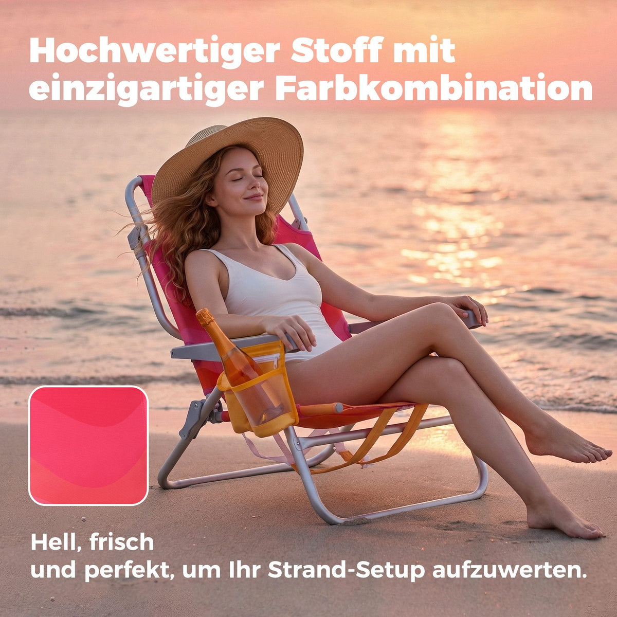 Strandstuhl klappbar aus Aluminium – Campingstuhl mit Kühlfach, Kopfkissen und verstellbarer Rückenlehne