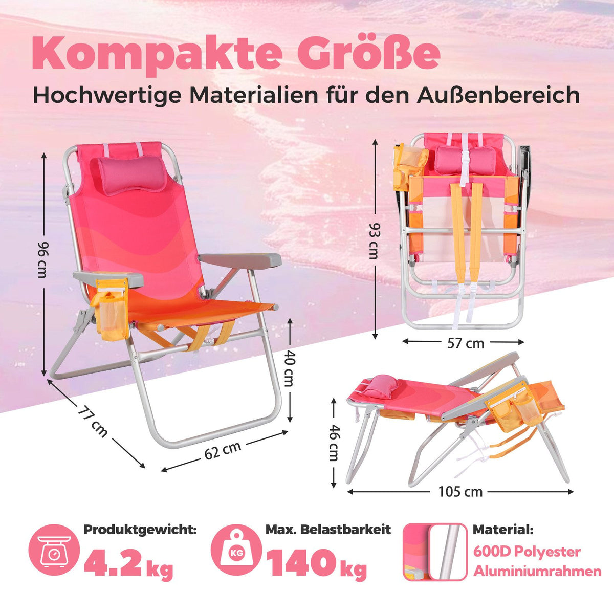 Strandstuhl klappbar aus Aluminium – Campingstuhl mit Kühlfach, Kopfkissen und verstellbarer Rückenlehne