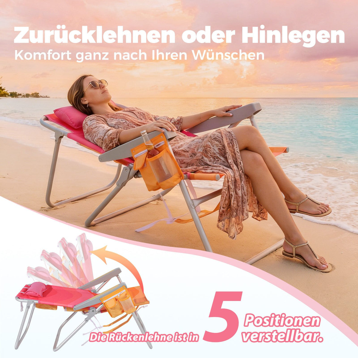 Strandstuhl klappbar aus Aluminium – Campingstuhl mit Kühlfach, Kopfkissen und verstellbarer Rückenlehne