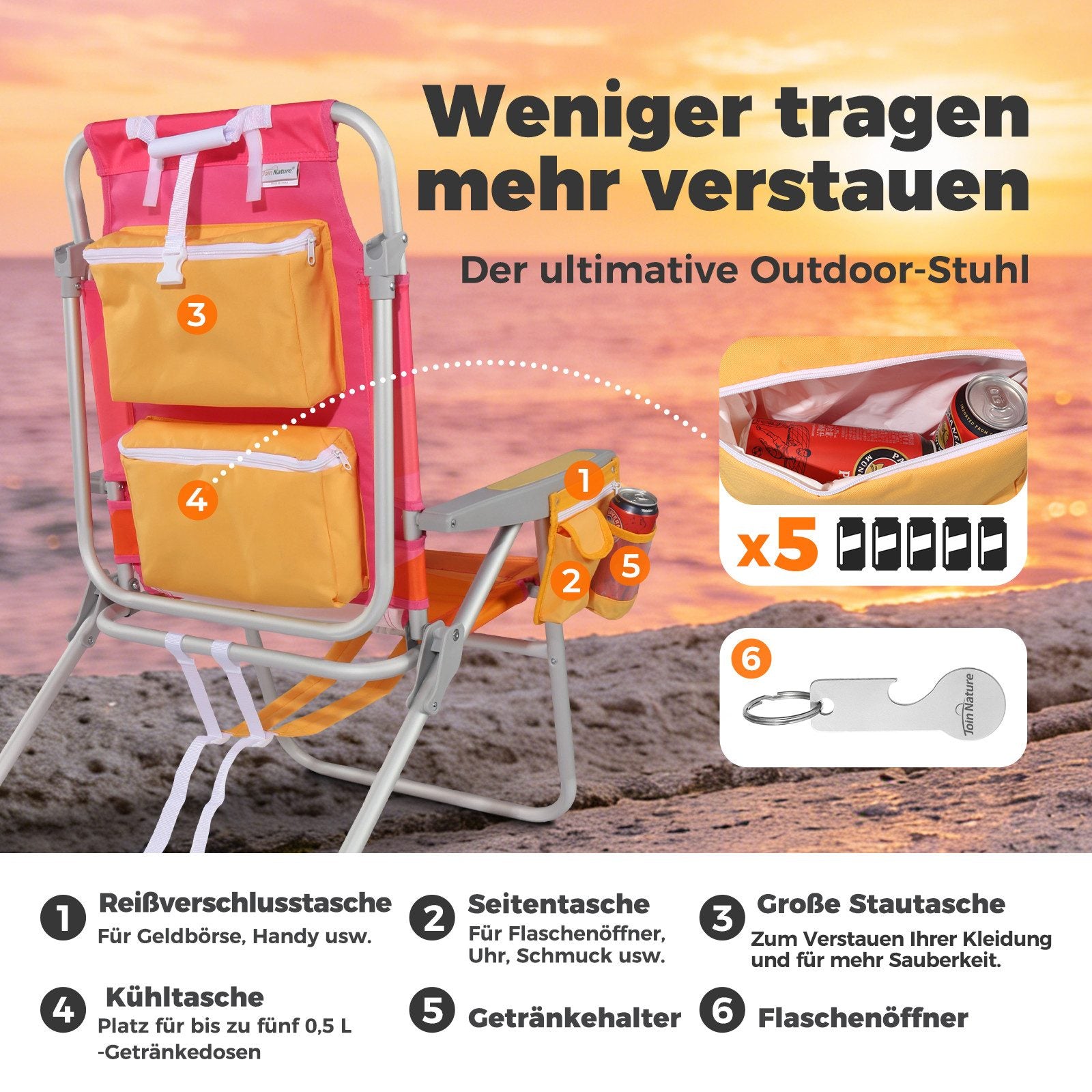 Strandstuhl klappbar aus Aluminium – Campingstuhl mit Kühlfach, Kopfkissen und verstellbarer Rückenlehne