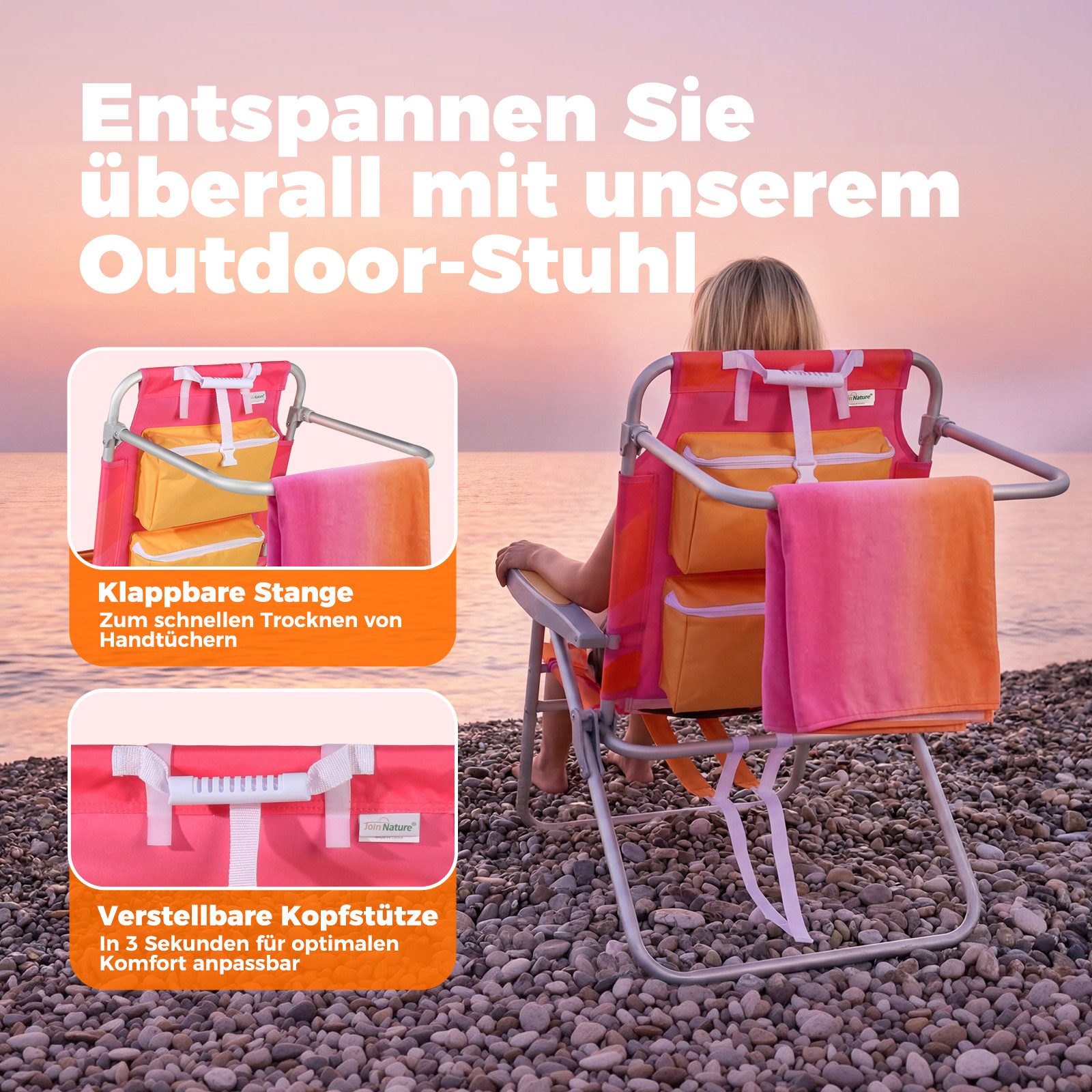 Strandstuhl klappbar aus Aluminium – Campingstuhl mit Kühlfach, Kopfkissen und verstellbarer Rückenlehne