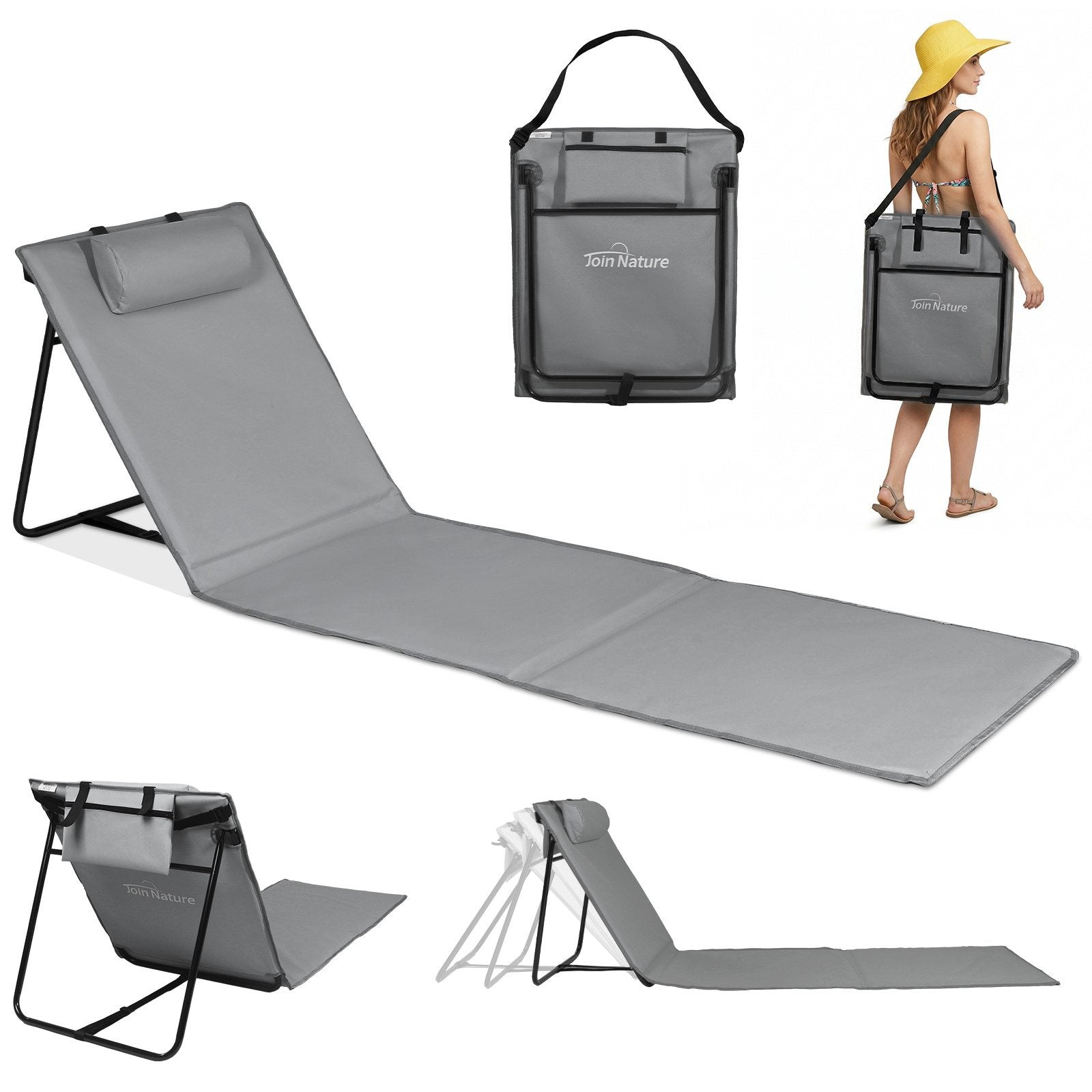 Strandmatte klappbar mit Rückenlehne und Kissen – tragbare Strandliege mit Schultergurten, gepolstert, grau