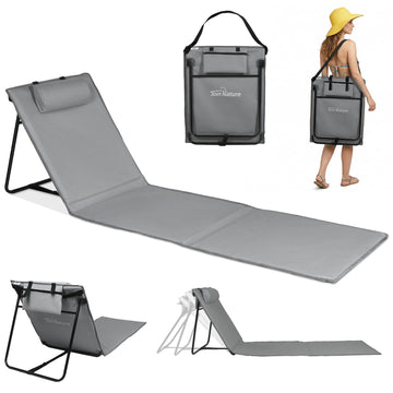 Strandmatte klappbar mit Rückenlehne und Kissen – tragbare Strandliege mit Schultergurten, gepolstert, grau