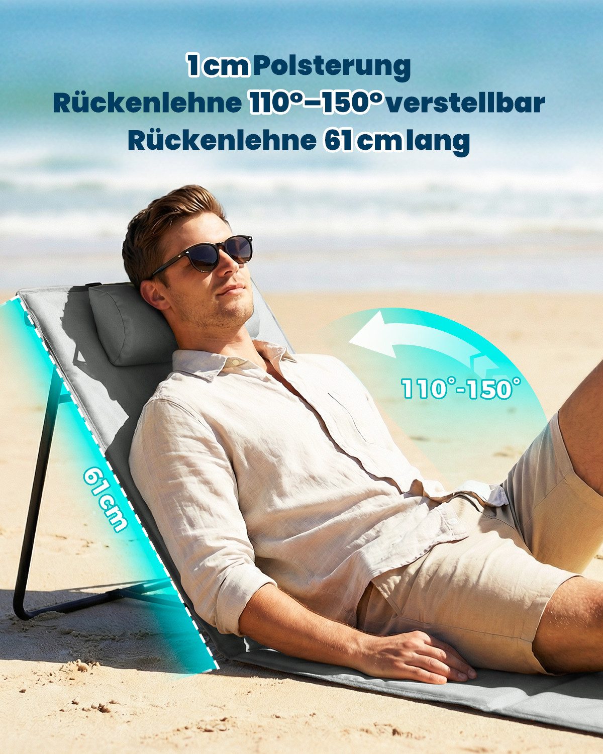 Strandmatte klappbar mit Rückenlehne und Kissen – tragbare Strandliege mit Schultergurten, gepolstert, grau