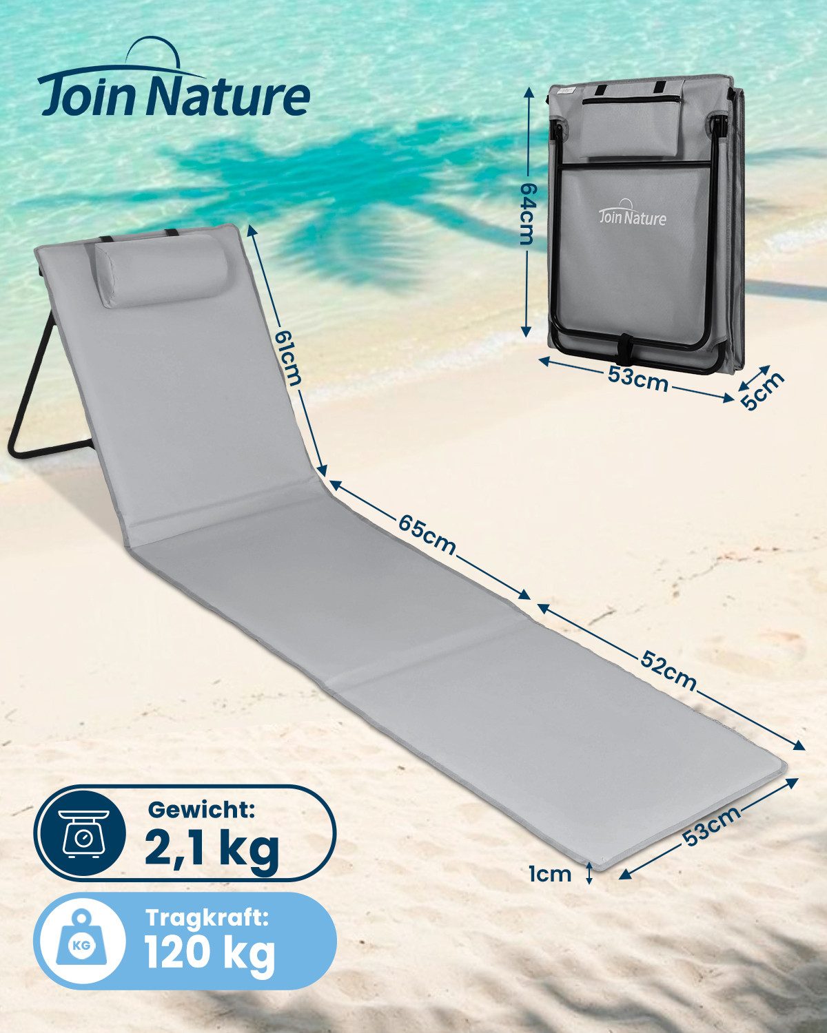 Strandmatte klappbar mit Rückenlehne und Kissen – tragbare Strandliege mit Schultergurten, gepolstert, grau