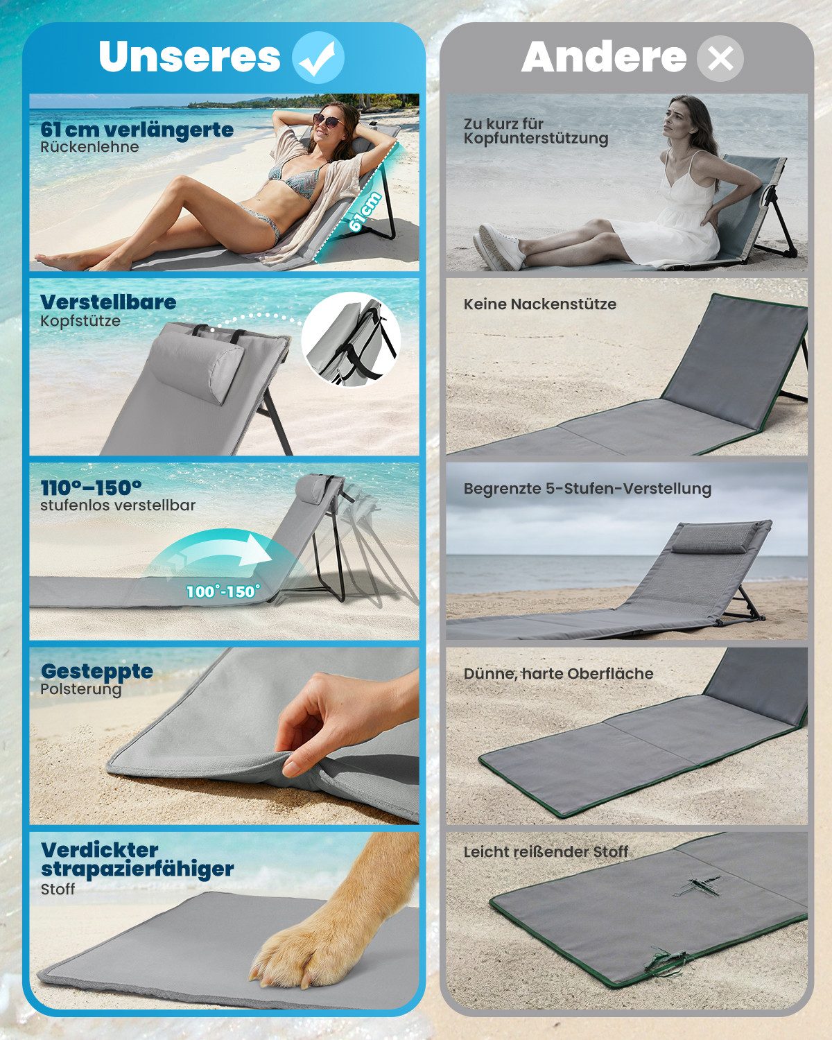 Strandmatte klappbar mit Rückenlehne und Kissen – tragbare Strandliege mit Schultergurten, gepolstert, grau
