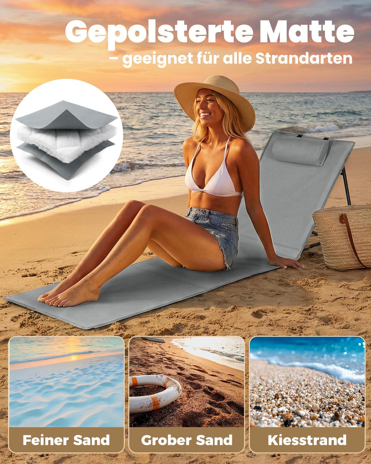 Strandmatte klappbar mit Rückenlehne und Kissen – tragbare Strandliege mit Schultergurten, gepolstert, grau