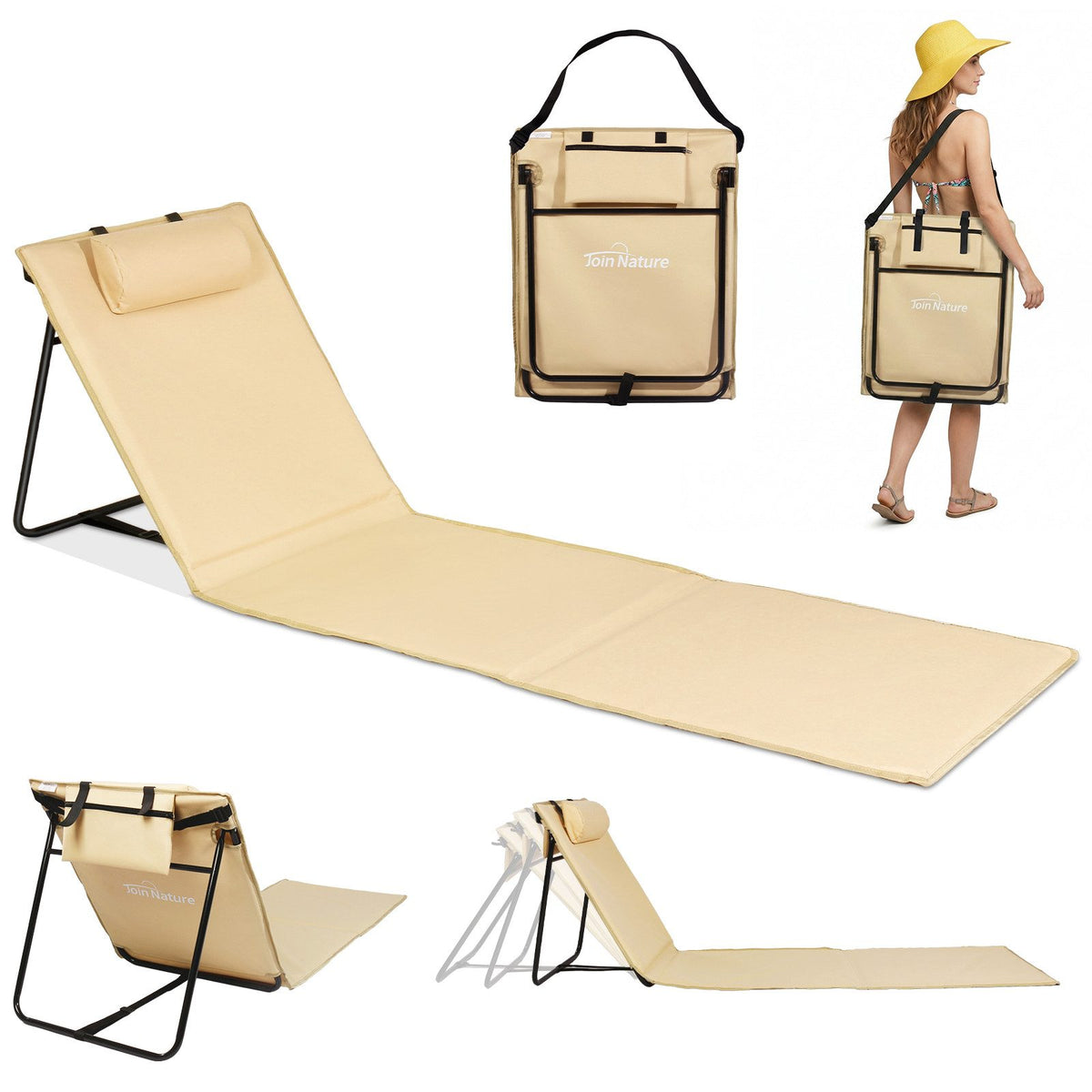 Strandmatte klappbar mit Rückenlehne und Kissen – tragbare Strandliege mit Schultergurten, gepolstert, beige