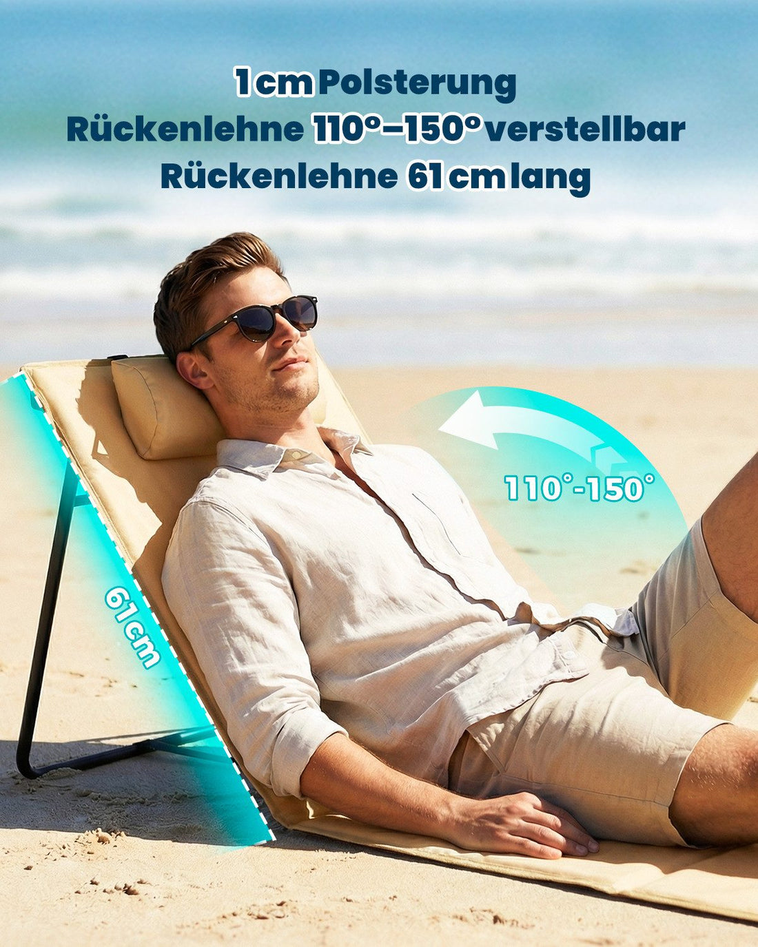 Strandmatte klappbar mit Rückenlehne und Kissen – tragbare Strandliege mit Schultergurten, gepolstert, beige