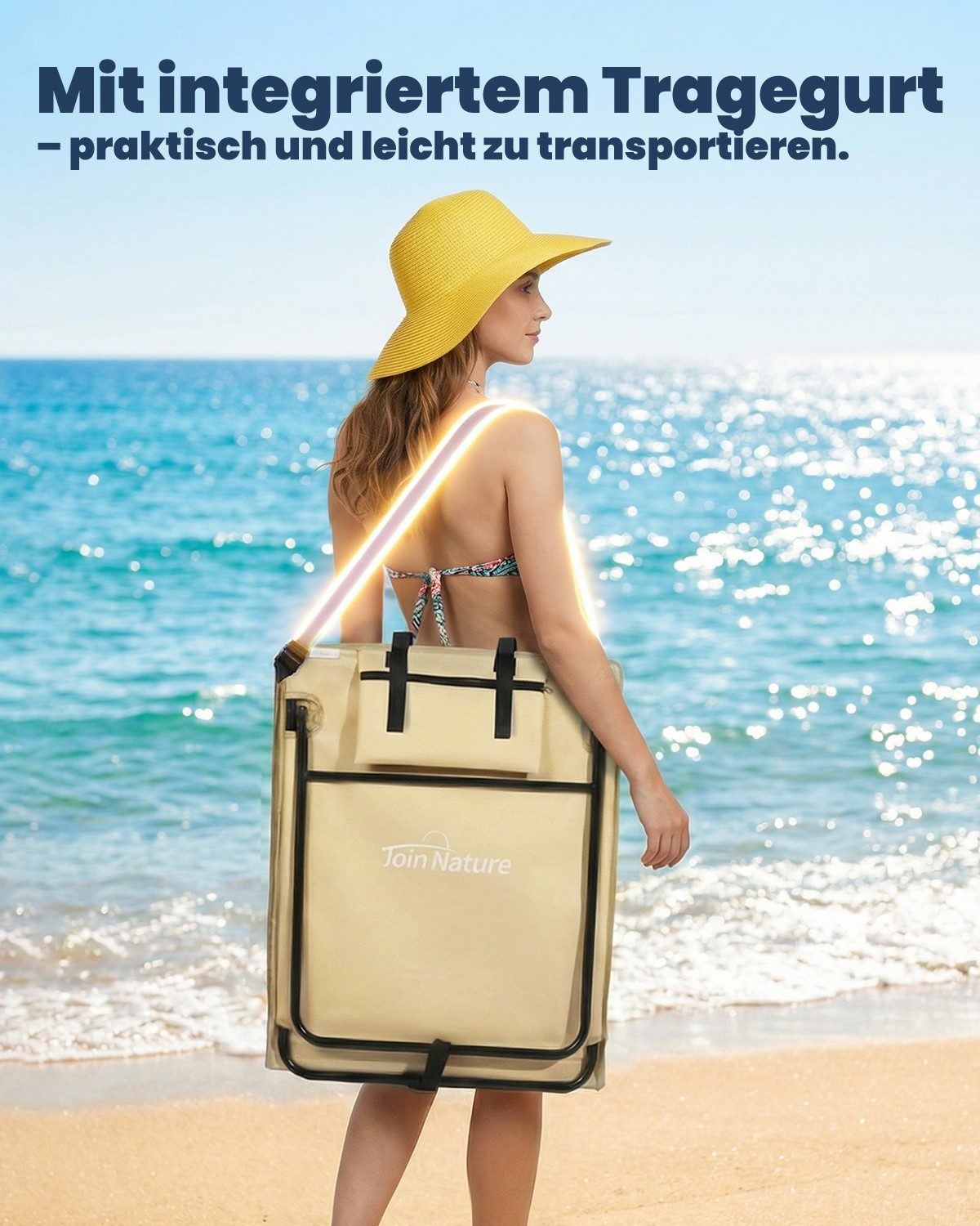 Strandmatte klappbar mit Rückenlehne und Kissen – tragbare Strandliege mit Schultergurten, gepolstert, beige