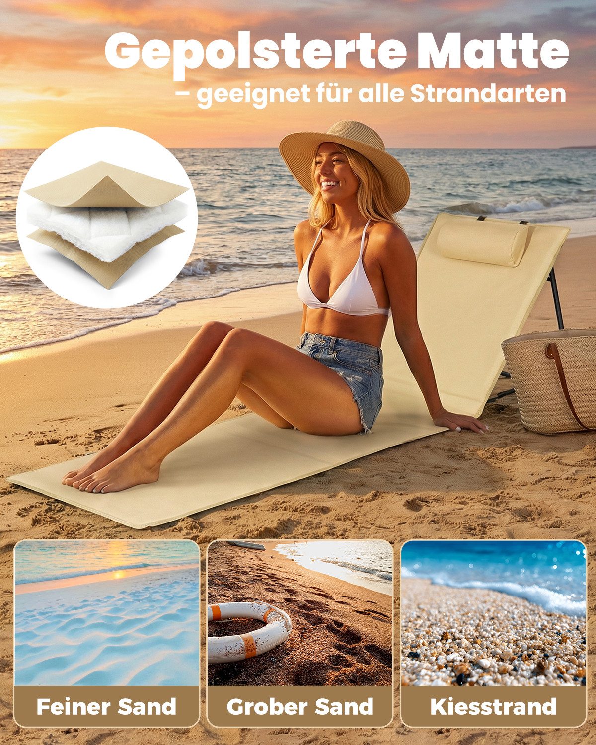 Strandmatte klappbar mit Rückenlehne und Kissen – tragbare Strandliege mit Schultergurten, gepolstert, beige