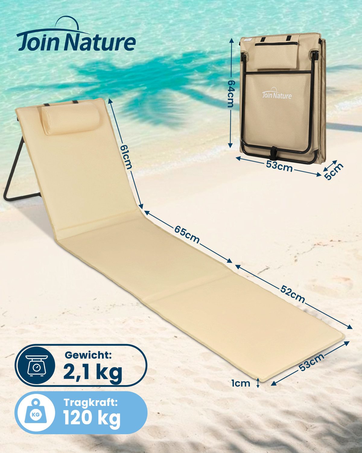 Strandmatte klappbar mit Rückenlehne und Kissen – tragbare Strandliege mit Schultergurten, gepolstert, beige