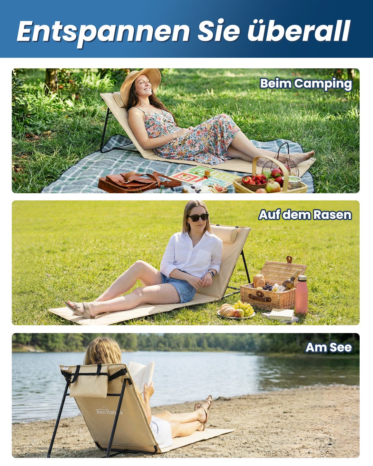 Strandmatte klappbar mit Rückenlehne und Kissen – tragbare Strandliege mit Schultergurten, gepolstert, beige