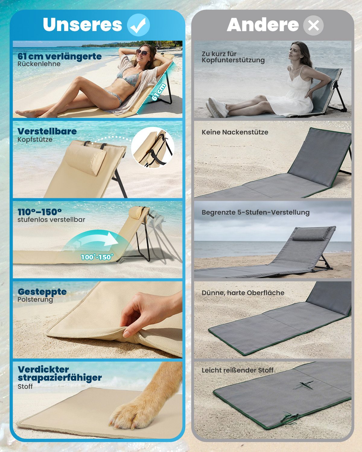 Strandmatte klappbar mit Rückenlehne und Kissen – tragbare Strandliege mit Schultergurten, gepolstert, beige