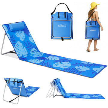 Strandmatte klappbar mit Rückenlehne und Kissen – tragbare Strandliege mit Schultergurten, gepolstert, blau