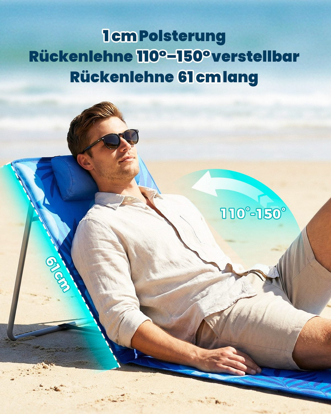 Strandmatte klappbar mit Rückenlehne und Kissen – tragbare Strandliege mit Schultergurten, gepolstert, blau