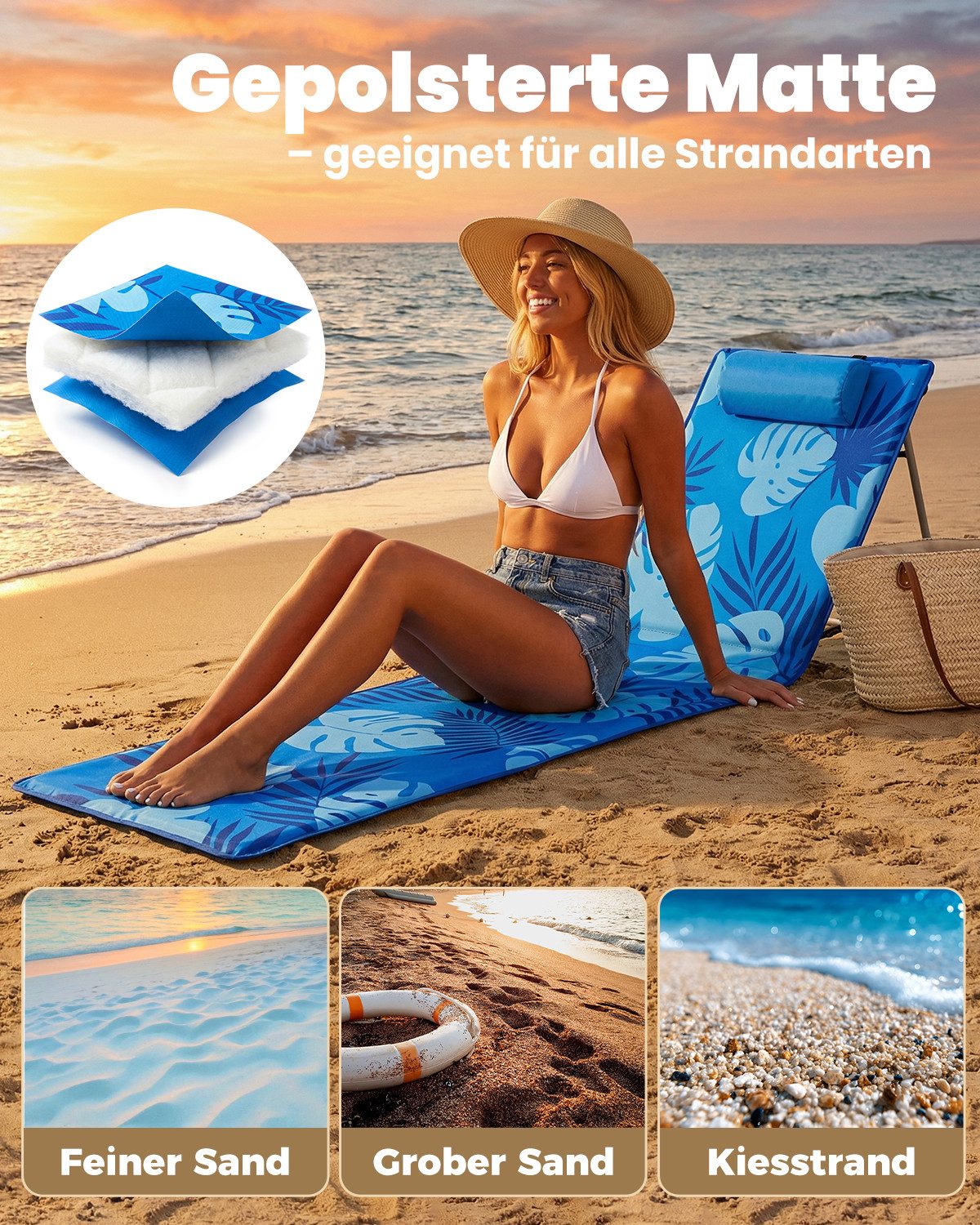 Strandmatte klappbar mit Rückenlehne und Kissen – tragbare Strandliege mit Schultergurten, gepolstert, blau