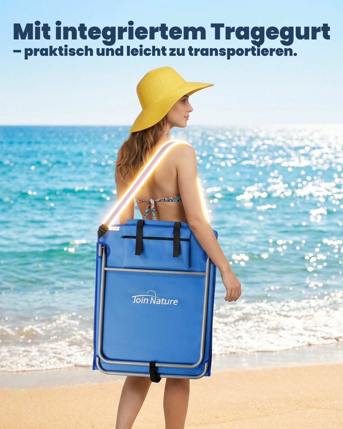 Strandmatte klappbar mit Rückenlehne und Kissen – tragbare Strandliege mit Schultergurten, gepolstert, blau