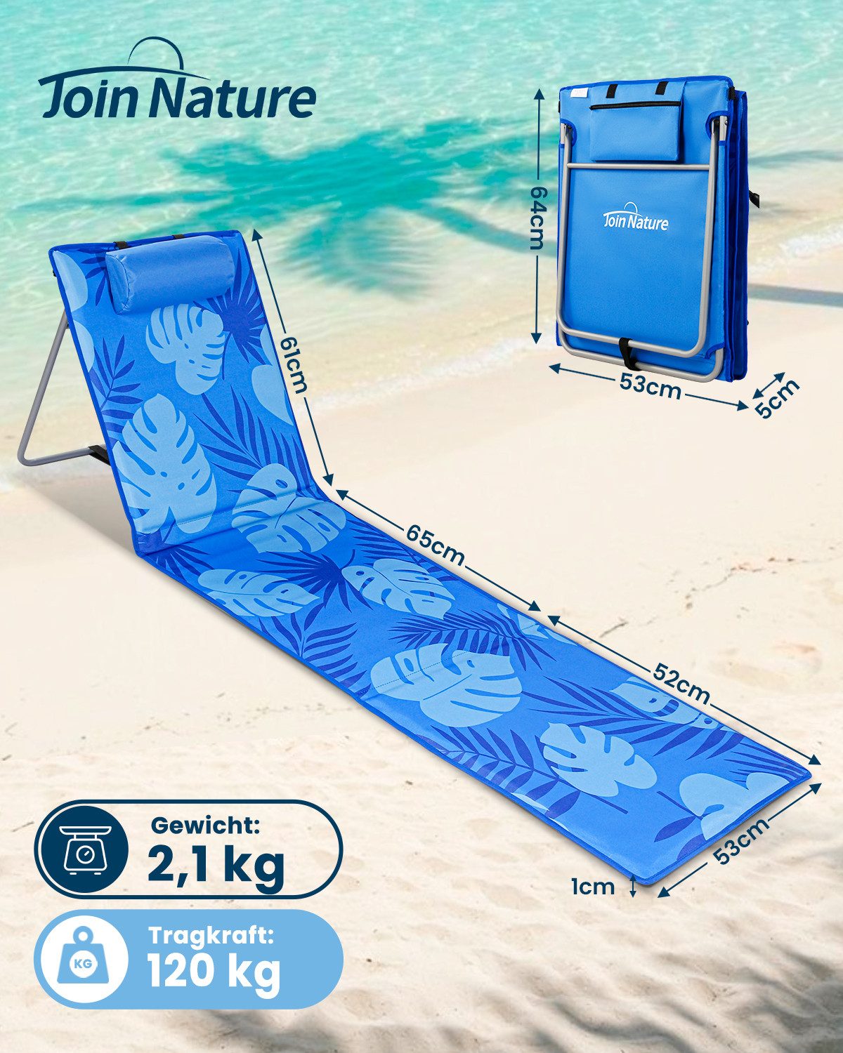 Strandmatte klappbar mit Rückenlehne und Kissen – tragbare Strandliege mit Schultergurten, gepolstert, blau
