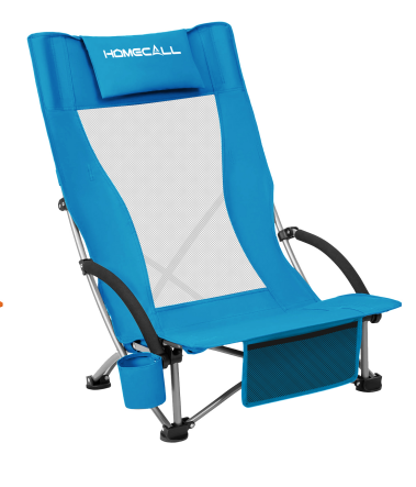 Klappbarer Strandstuhl mit Kopfstütze - Getränkehalter und Aufbewahrungstaschen, blau