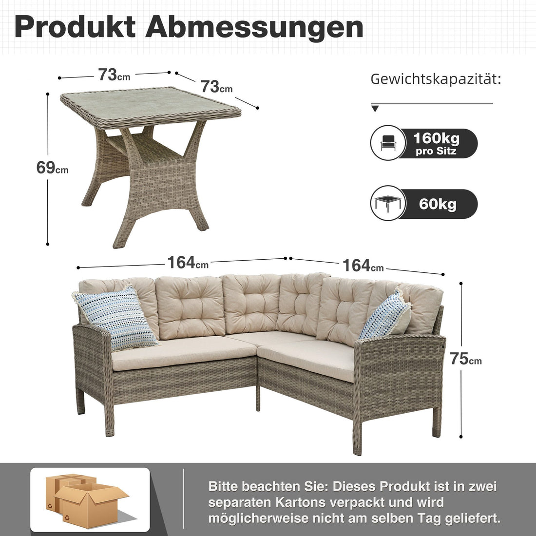 Gartenlounge-Set Dining Lounge mit Esstisch – Polyrattan Lounge für 5–6 Personen, wetterfest, inkl. Kissen & Glasplatte, Beige