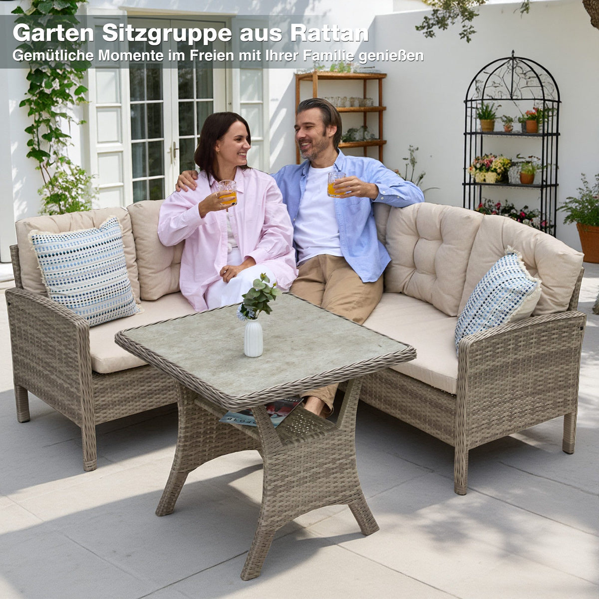 Gartenlounge-Set Dining Lounge mit Esstisch – Polyrattan Lounge für 5–6 Personen, wetterfest, inkl. Kissen & Glasplatte, Beige