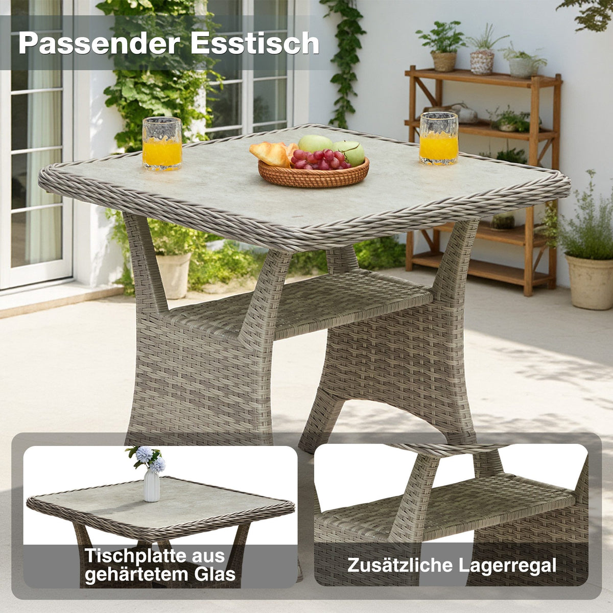 Gartenlounge-Set Dining Lounge mit Esstisch – Polyrattan Lounge für 5–6 Personen, wetterfest, inkl. Kissen & Glasplatte, Beige