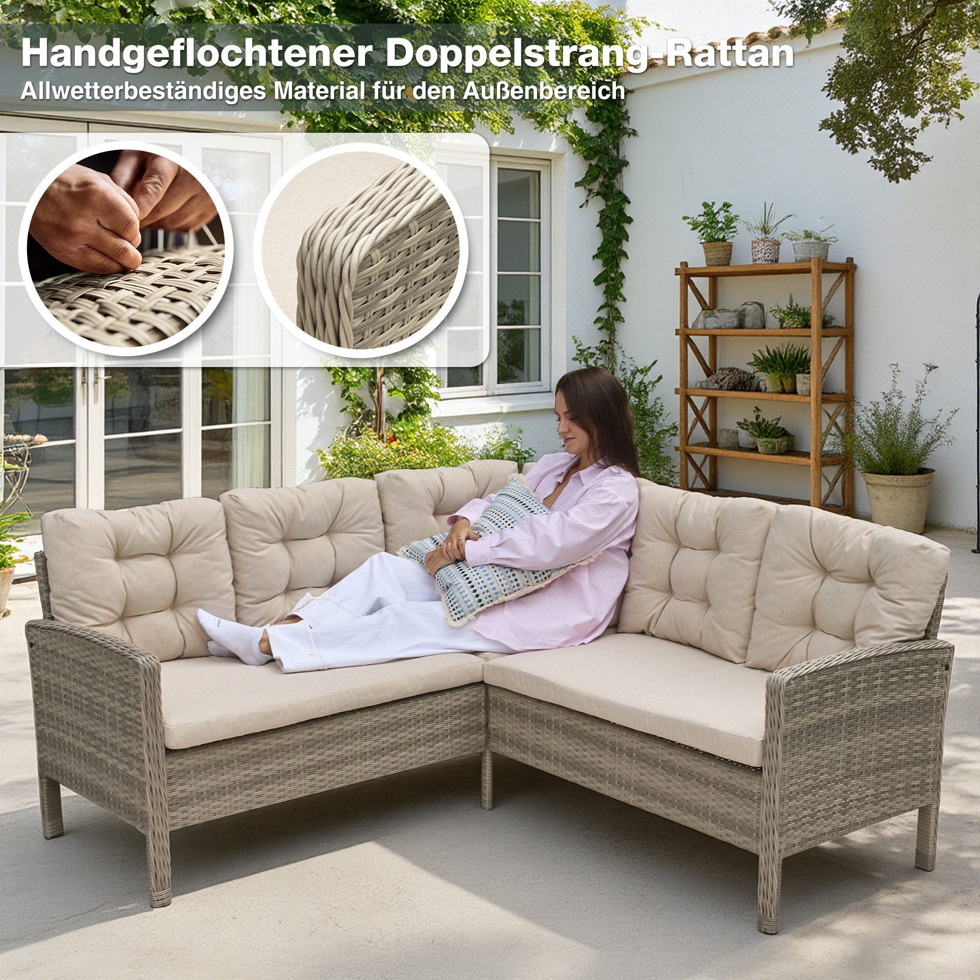 Gartenlounge-Set Dining Lounge mit Esstisch – Polyrattan Lounge für 5–6 Personen, wetterfest, inkl. Kissen & Glasplatte, Beige