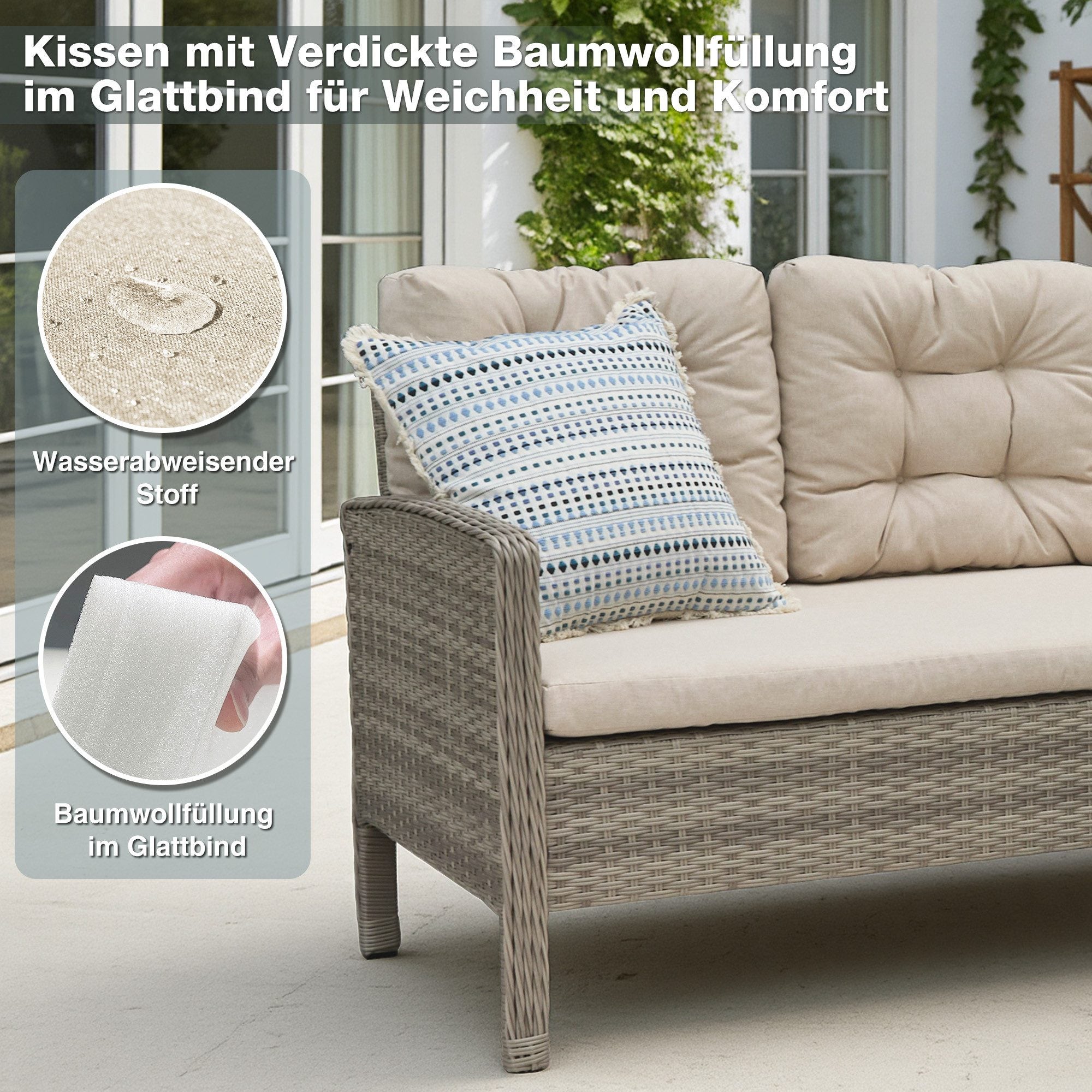 Gartenlounge-Set Dining Lounge mit Esstisch – Polyrattan Lounge für 5–6 Personen, wetterfest, inkl. Kissen & Glasplatte, Beige