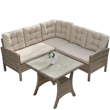 Gartenlounge-Set Dining Lounge mit Esstisch – Polyrattan Lounge für 5–6 Personen, wetterfest, inkl. Kissen & Glasplatte, Beige