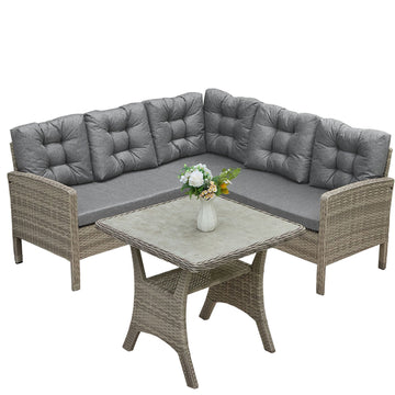 Gartenlounge-Set Dining Lounge mit Esstisch – Polyrattan Lounge für 5–6 Personen, wetterfest, inkl. Kissen & Glasplatte, Dunkelgrau