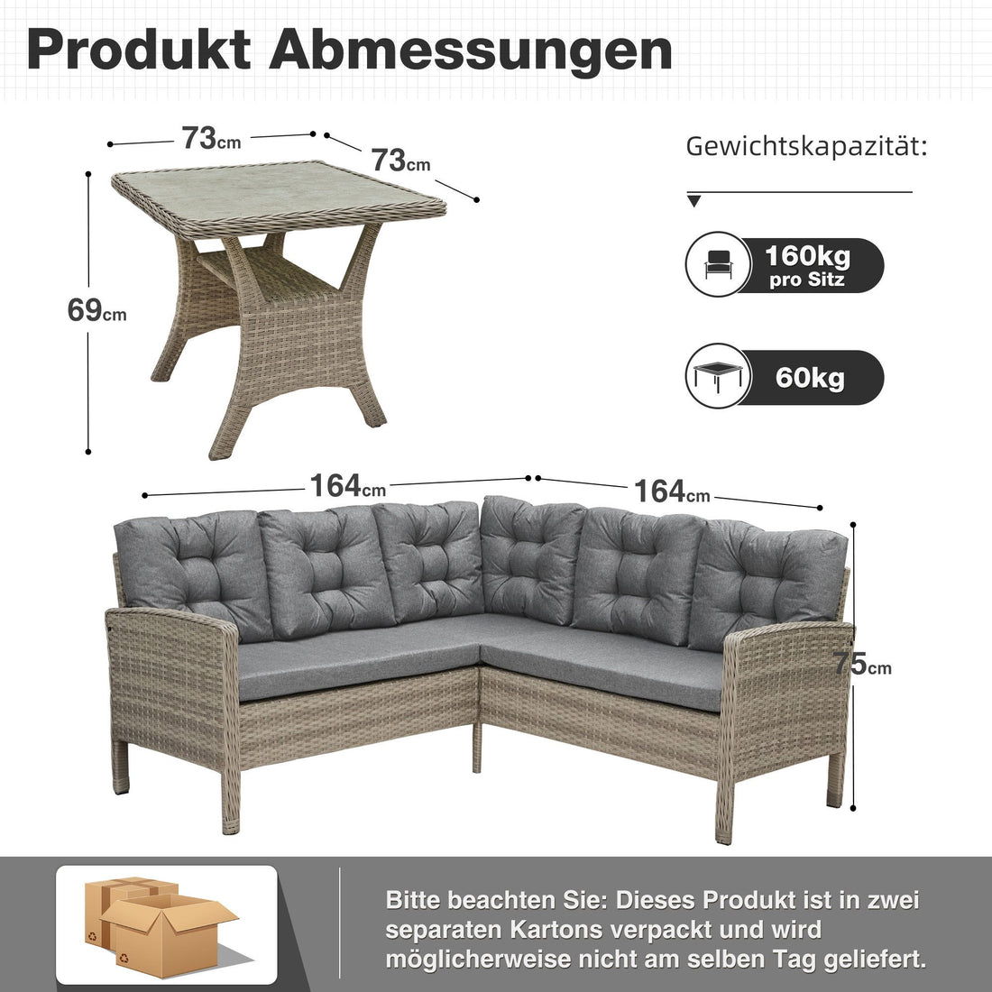 Gartenlounge-Set Dining Lounge mit Esstisch – Polyrattan Lounge für 5–6 Personen, wetterfest, inkl. Kissen & Glasplatte, Dunkelgrau
