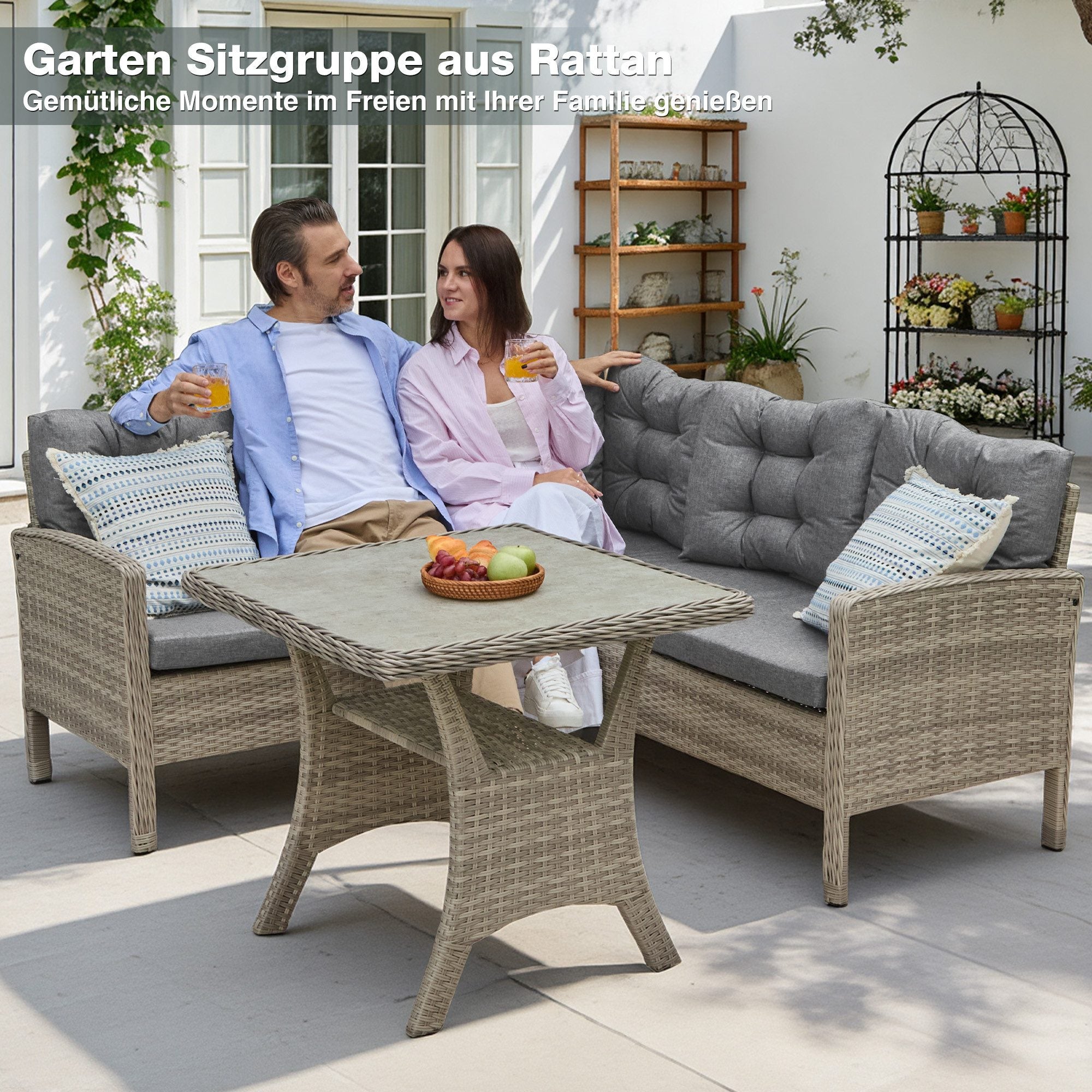 Gartenlounge-Set Dining Lounge mit Esstisch – Polyrattan Lounge für 5–6 Personen, wetterfest, inkl. Kissen & Glasplatte, Dunkelgrau