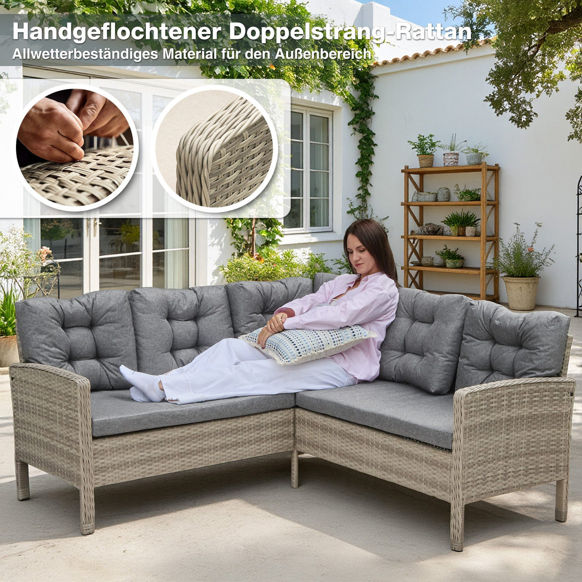 Gartenlounge-Set Dining Lounge mit Esstisch – Polyrattan Lounge für 5–6 Personen, wetterfest, inkl. Kissen & Glasplatte, Dunkelgrau