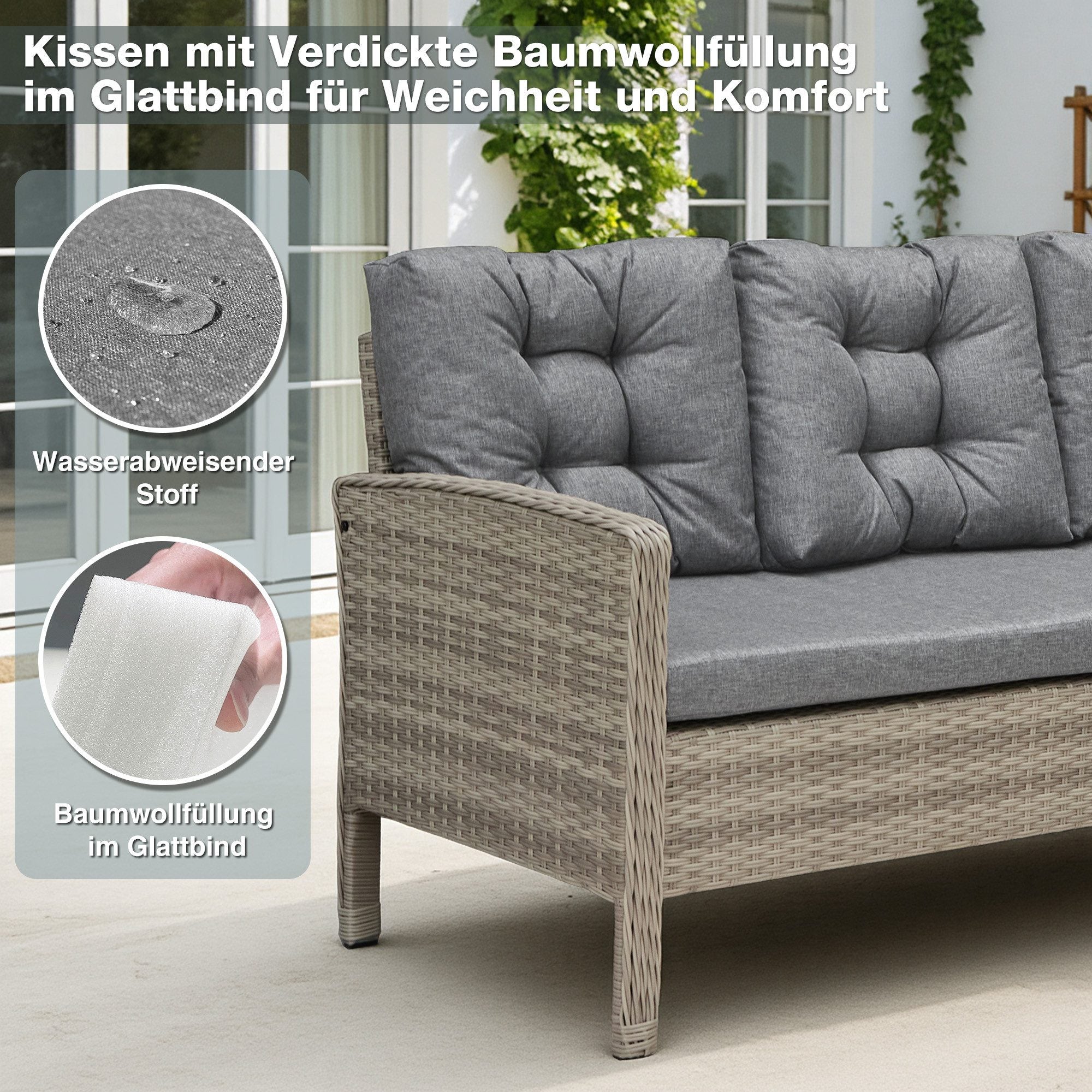 Gartenlounge-Set Dining Lounge mit Esstisch – Polyrattan Lounge für 5–6 Personen, wetterfest, inkl. Kissen & Glasplatte, Dunkelgrau