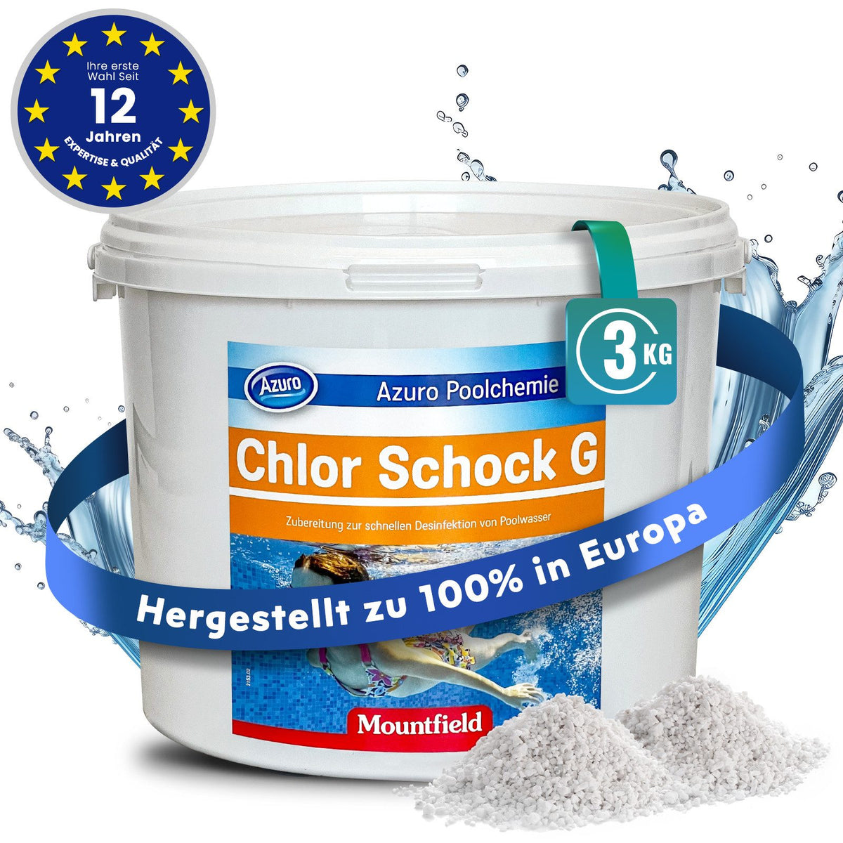 Azuro Chlor Schock G Chlorgranulat 3 kg – Schnelllösliches Pool Chlor zur Stoßchlorung gegen Algen, Bakterien & trübes Wasser