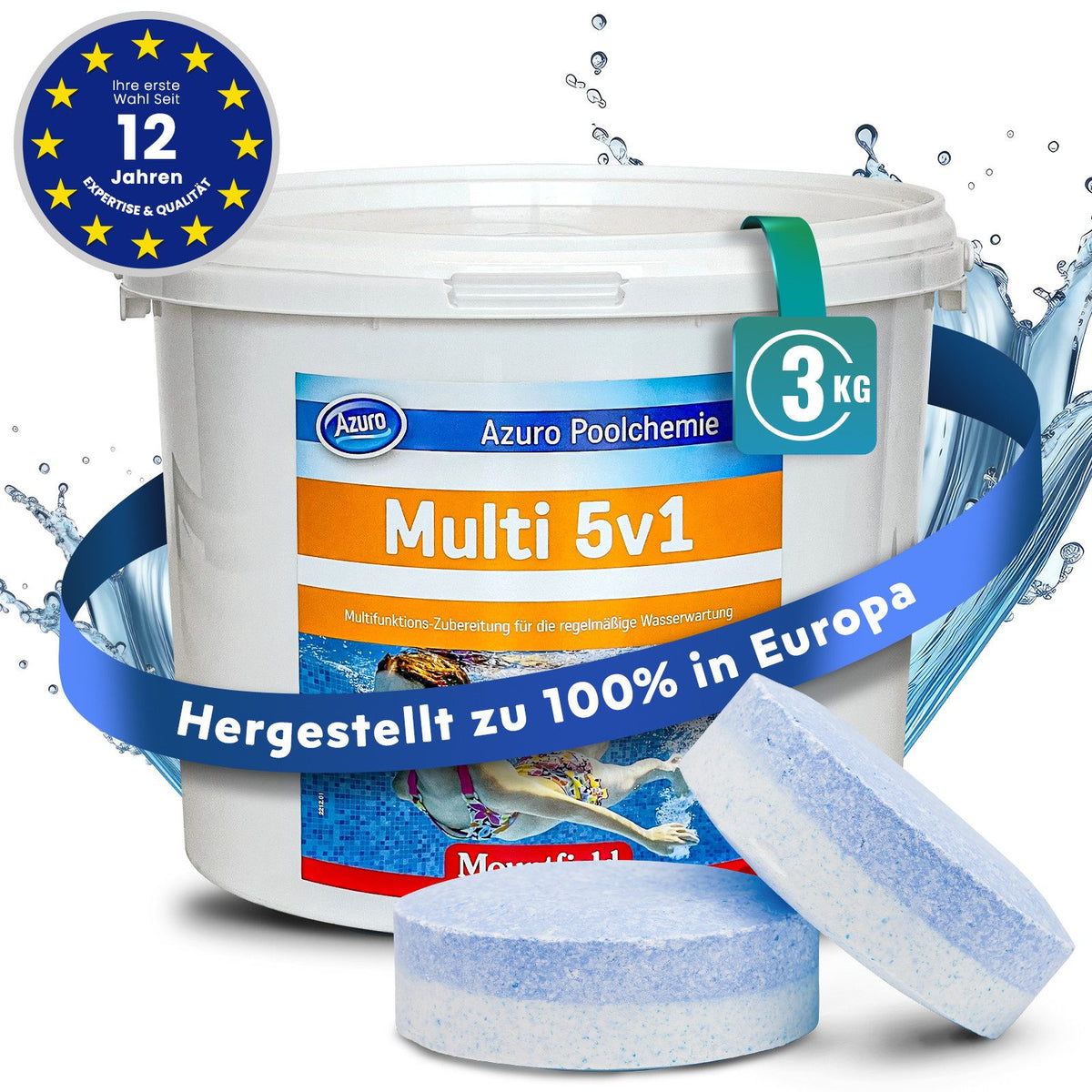 Azuro Multi 5v1 Chlor Multitabs 3 kg – 200 g Pool Chlortabletten zur Dauerdesinfektion, Algenverhütung & Kristallklarem Wasser