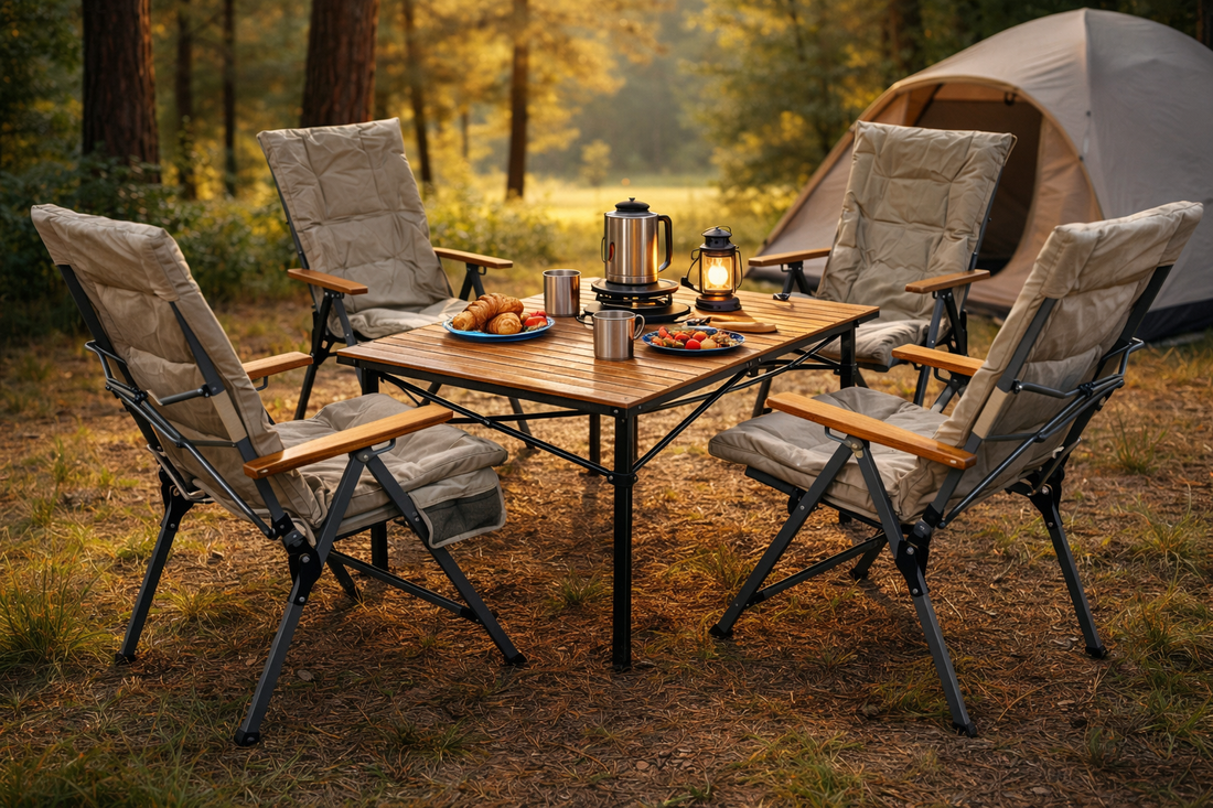 5-tlg. Gartenset Sitzgruppe – Klapptisch ca. 117x70 cm Holzoptik + 4 Hochlehner Beige