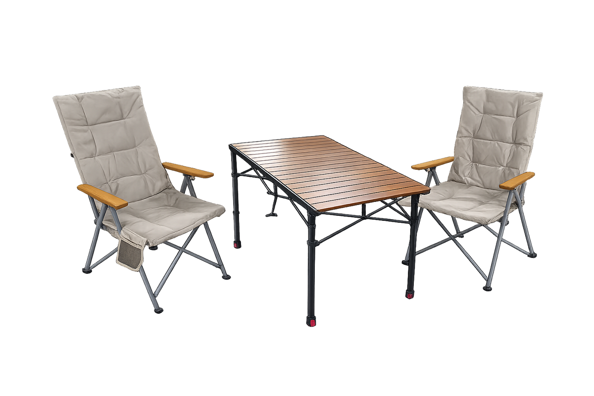 3-tlg. Gartenset Sitzgruppe – Klapptisch ca. 120x70 cm höhenverstellbar Holzoptik + 2 Hochlehner Beige