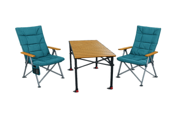 3-tlg. Gartenset Sitzgruppe – Klapptisch ca. 120x70 cm höhenverstellbar Holzoptik + 2 Hochlehner Marineblau