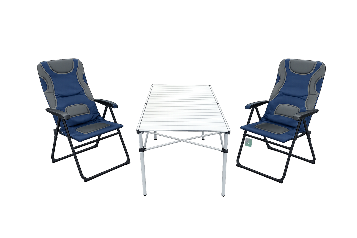 3-tlg. Gartenset Sitzgruppe – Klapptisch ca. 117x70 cm Aluminium + 2 Hochlehner Grau/Blau
