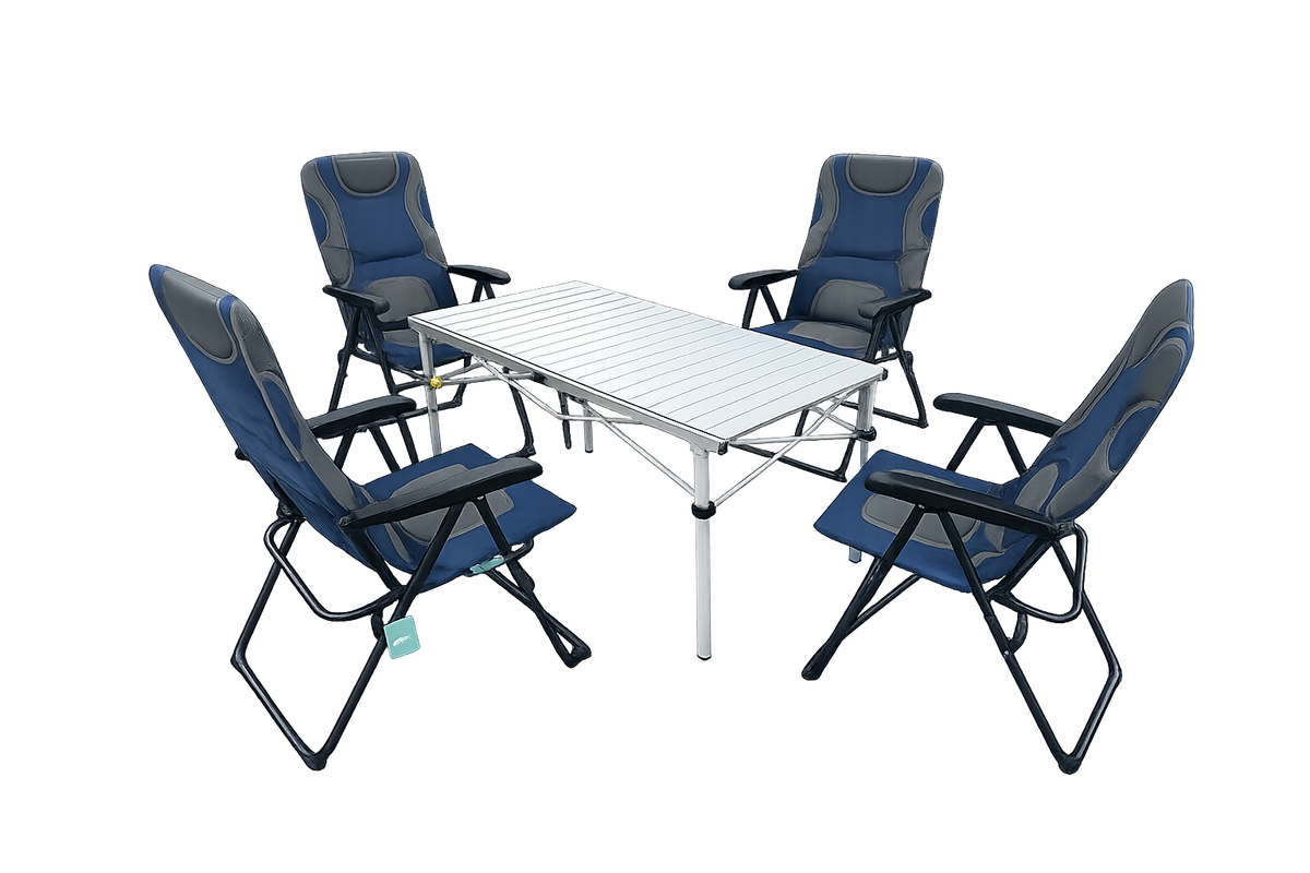 5-tlg. Gartenset Sitzgruppe – Klapptisch ca. 117x70 cm Aluminium + 4 Hochlehner Grau/Blau