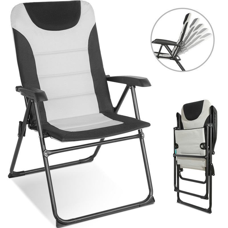 Campingstuhl Hochlehner klappbar – Gepolsterter Gartenstuhl mit 5-fach verstellbarer Rückenlehne bis 150 kg belastbar - creme-schwarz