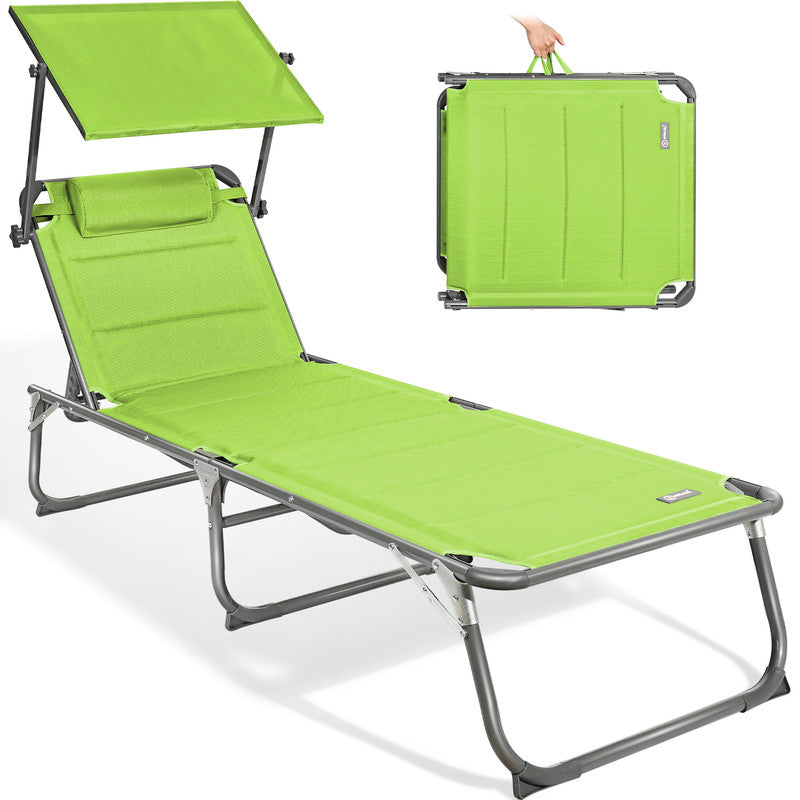 Sonnenliege klappbar – Gartenliege aus Aluminium mit verstellbarer Rückenlehne, Kopfstütze und Sonnenblende, bis 180 kg belastbar, hellgrün
