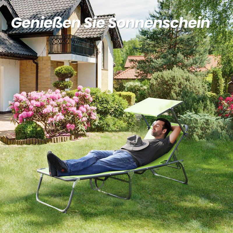 Sonnenliege klappbar – Gartenliege aus Aluminium mit verstellbarer Rückenlehne, Kopfstütze und Sonnenblende, bis 180 kg belastbar, hellgrün